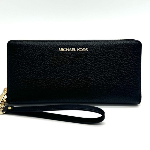 Michael Kors Large Continental Wallet Wristlet Black/Gold - Picture 1 of 10